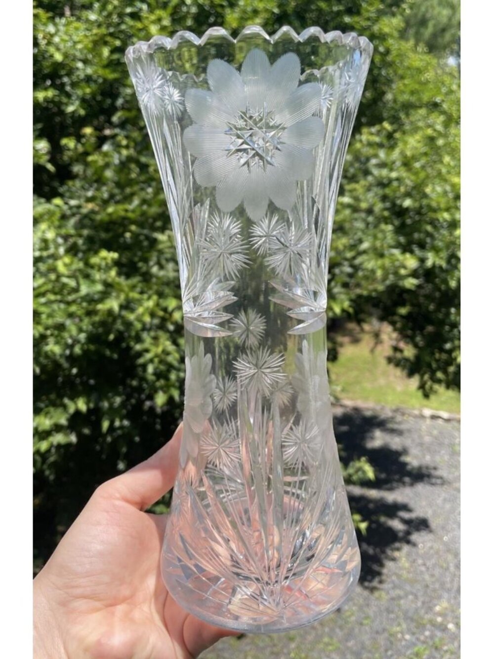 FINE 9-7/8" Antique Cut Glass Corset Vase American Brilliant Victorian Edwardian